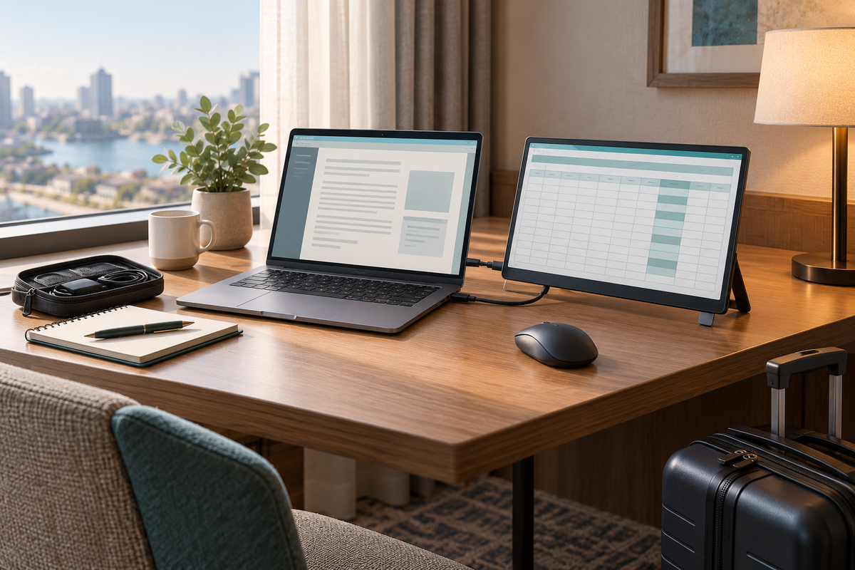 AI illustration of a laptop and a portable monitor on a hotel desk beside a travel bag